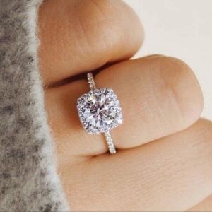 New 18k White Gold over 9.25 Sterling Silver & Moissanite Halo Ring